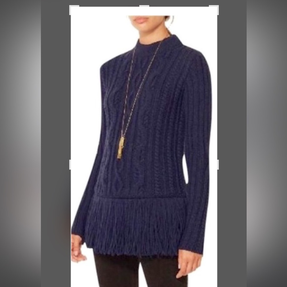 Black Tory Burch Valero Fringe cable knit mockneck fisherman Sweater - Picture 7 of 8